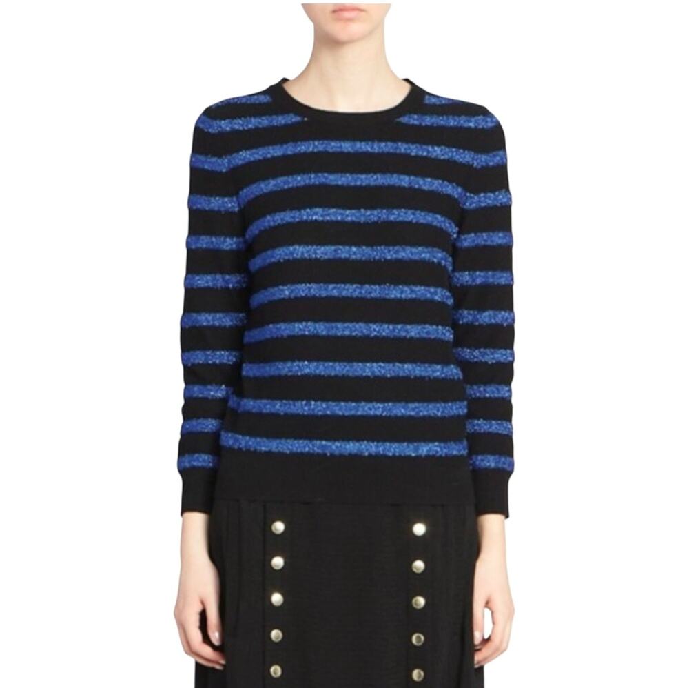 Marc Jacobs The Glam Sparkle Striped Sweater Blue Small Cashmere Metallic Blend